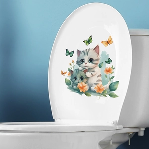 Cartoon grey cat and butterfly floral stickers for bathroom toilet lid decoration