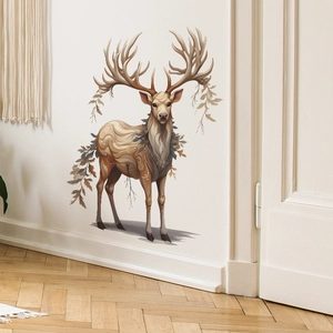 Artistic Nordic deer wall sticker with autumn leaves for modern living room decor