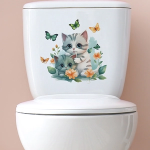 Cute Cartoon Cat Butterfly Flower Toilet Sticker Waterproof PVC Bathroom Decal Self Adhesive Home Decor Mural Art Sticker