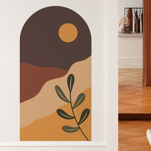 Bohemian arch wall decal with sun and desert mountains in earth tones for home decor