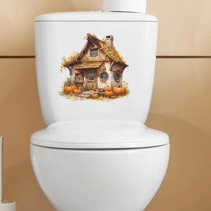 Sticker de Toilette PVC Maison de Citrouille Dessin Animé Imperméable Amovible Automne Halloween Décoration Murale Maison