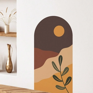 Modern abstract arch wall sticker featuring sun, desert dunes and botanical leaf design