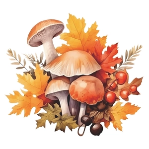 Close-up of watercolor mushroom and autumn maple leaf wall stickers for home decor