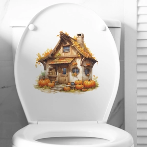 Sticker de toilette autocollant maison citrouille avec feuilles d'automne déco