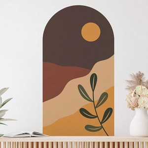 Bohemian arch wall decal with sun and desert landscape over a wooden cabinet