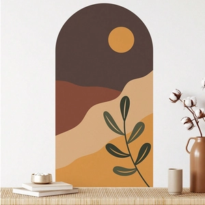 Bohemian arch wall sticker featuring a desert sun, mountains and plant in earthy tones