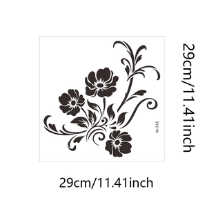 Technical view showing 29cm x 29cm dimensions of black floral bathroom wall sticker