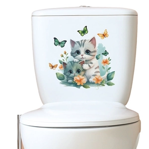 Self-adhesive cartoon cat and floral sticker decor for bathroom toilet tank surface