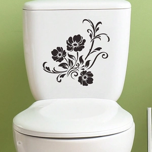 Minimalist black floral toilet stickers on white ceramic tank for home bathroom decor