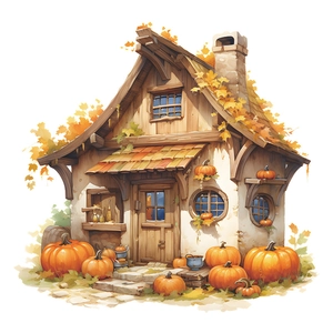 Détail de la maison citrouille miniature avec feuilles d'automne et textures en bois