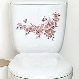 3D pink cherry blossom and butterfly self-adhesive wall stickers on a white toilet tank