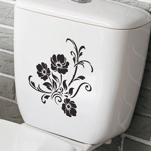 Creative black flower wall decal on white toilet tank for modern bathroom decoration