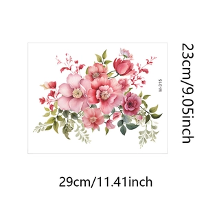 Realistic pink peony flower wall sticker detail with green leaves and dimensions