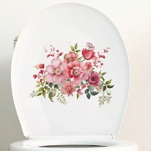 Tropical watercolor floral wall decal featuring pink flowers and green leaves on toilet lid