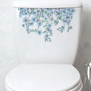 Fresh blue flower wall decal with green leaves for bathroom toilet decoration