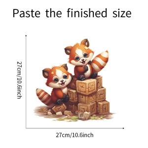 Adesivo murale panda rosso cartone animato con blocchi che mostra dimensioni 27x27cm