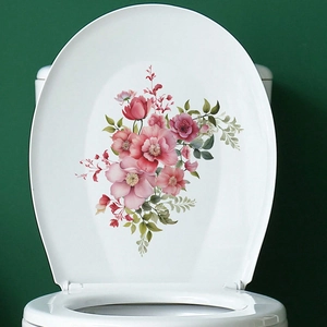 Tropical floral bathroom toilet seat lid sticker with elegant pink flowers and green leaves