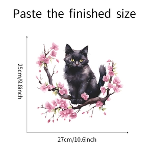Detailed dimension guide for black cat and pink cherry blossom wall sticker 27x25cm