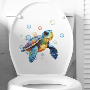Leuchtender Aquarell-Meeresschildkröten-Wandtattoo mit bunten Blasen für das Badezimmer