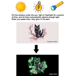 Luminous black cat wall sticker showing daytime and night glowing effects comparison
