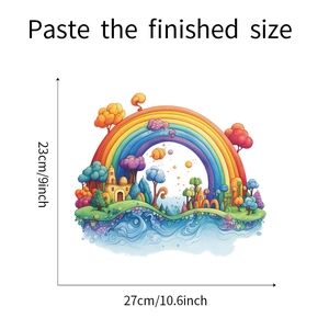Detail view of rainbow castle wall sticker showing dimensions 27cm by 23cm for kids room