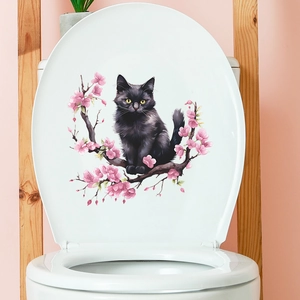 Luminous black cat sitting on cherry blossoms wall sticker for toilet seat decoration