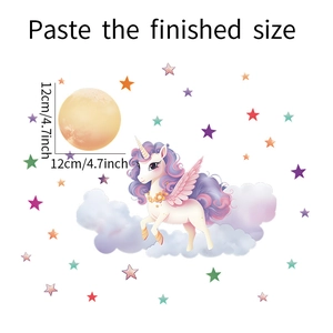 Glow in the dark unicorn wall decals with 12cm moon and colorful star stickers for nursery