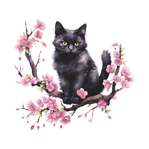 Glow-in-the-dark black cat and cherry blossom wall sticker for home and bathroom decor