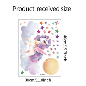 Detailed sheet layout of unicorn wall stickers with 30cm x 40cm dimensions