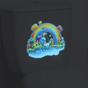 Luminous rainbow fantasy castle sticker glowing in the dark on a gray bathroom toilet