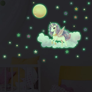 Luminous unicorn wall stickers with moon and stars for glowing kids room wall decor