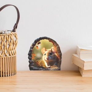 3D realistic mouse hole wall sticker with autumn maple leaves for nursery home decor