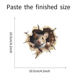 Vue détaillée du sticker mural 3D montrant une souris dans un trou de 10,5 cm