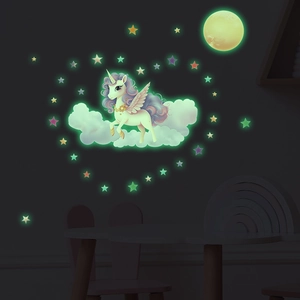 Glow in the dark wall stickers featuring unicorn, moon, and stars for kids' bedroom decor