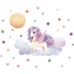 Luminous unicorn wall sticker with clouds and moon for kids bedroom wall decor