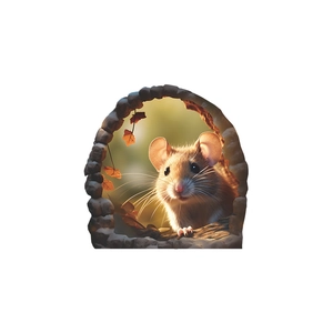 3D mouse in stone hole wall sticker with autumn maple leaves for home bedroom decor