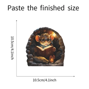 Detail of 3D cartoon mouse reading in a hole wall sticker with 10.5cm size dimensions