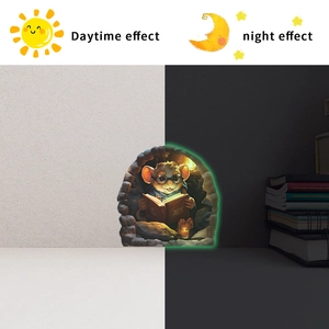 Luminous cartoon mouse reading in hole wall sticker with day and night glowing effects