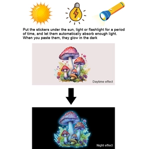Luminous mushroom wall stickers showing day and night glow effects with light absorption