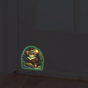 Glow in the dark 3D wall sticker featuring a cute mouse reading inside a cozy cave