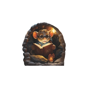 3D cartoon mouse reading in stone hole wall sticker for cozy kids bedroom decor