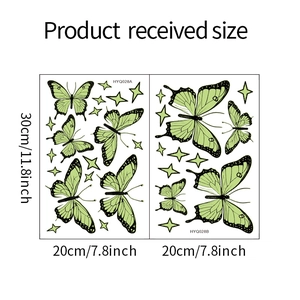 Vue détaillée des stickers muraux papillon lumineux avec dimensions de 30x20cm