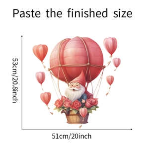 Detailed dimensions of gnome in hot air balloon wall sticker with pink rose patterns