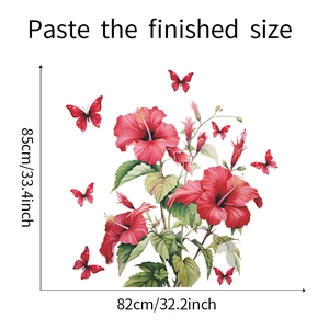 Detailed size chart for tropical red hibiscus and butterfly wall stickers measuring 85x82cm