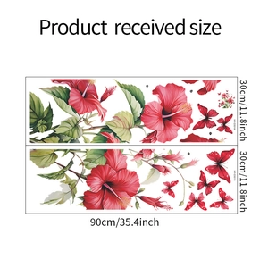 Detail view of tropical red hibiscus flower and butterfly wall stickers with size labels