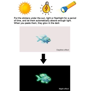 Luminous fish wall stickers showing daytime color and glowing night effect comparison