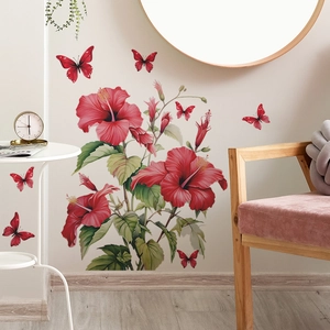 Red Hibiscus Flower Butterfly Wall Sticker Removable PVC Self Adhesive Decal For Living Room Bedroom Home Decoration