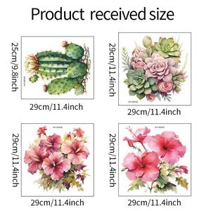 Size chart showing tropical cactus and succulent wall stickers dimensions in cm and inches