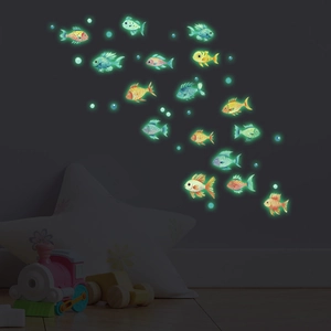 Glow-in-the-dark ocean fish wall decals for kids bedroom with fluorescent bubble stickers