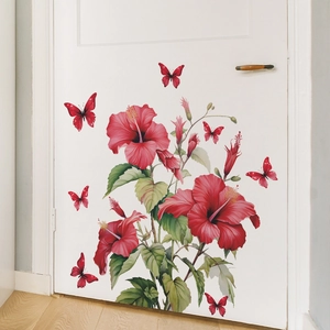 Tropical red hibiscus flowers and butterflies wall stickers for living room decor